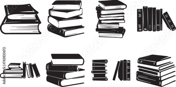Obraz Stacks of books in black and white illustration symbolizing knowledge, education, and literature