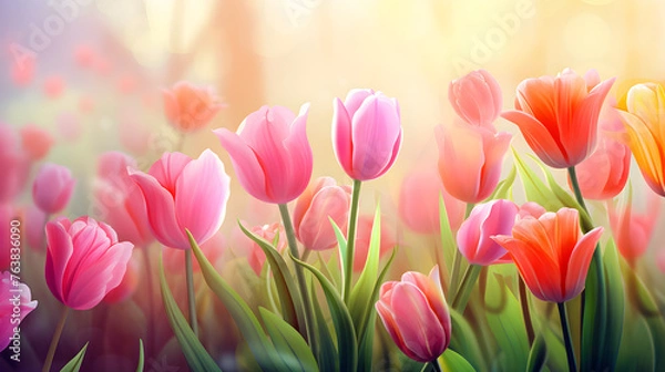 Fototapeta Watercolor illustration, delicate pink tulips attract attention with their sophistication and give a unique charm to the spring garden.