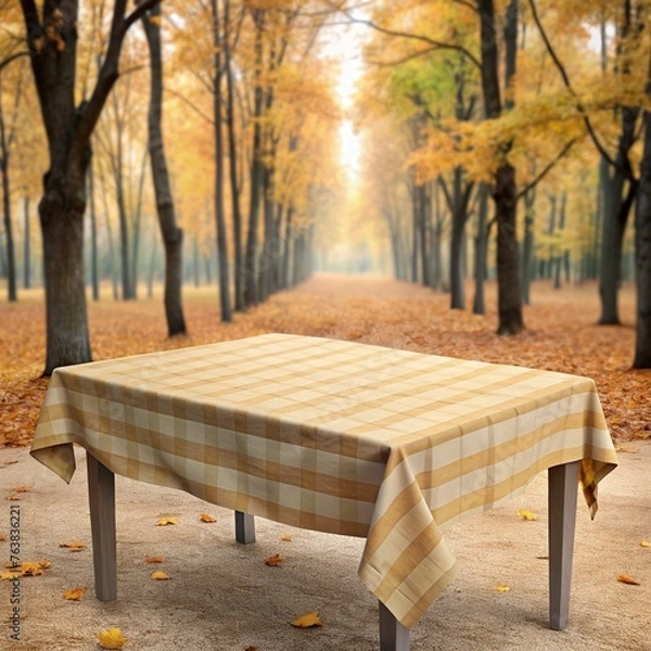 Fototapeta Wooden table with tablecloth among over autumn day and full of fall leaves background
