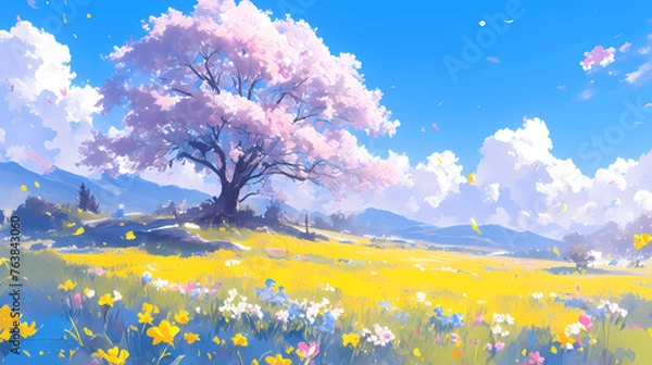 Obraz Beautiful landscape; Blossomed violet/purple tree in the meadow during spring; The sky full of clouds covers the hills and mountains