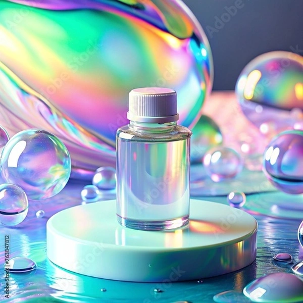 Fototapeta 3D elegant clear Bottle mockup render holographic with glossy liquid on wavy iridescent effect background. For skincare beauty 