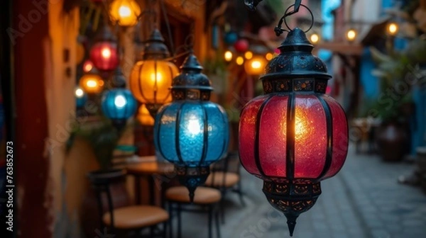 Fototapeta Colorful glass lanterns create a magical ambiance in a cozy alleyway. The soft glow casts a tranquil mood over the quaint outdoor seating area.