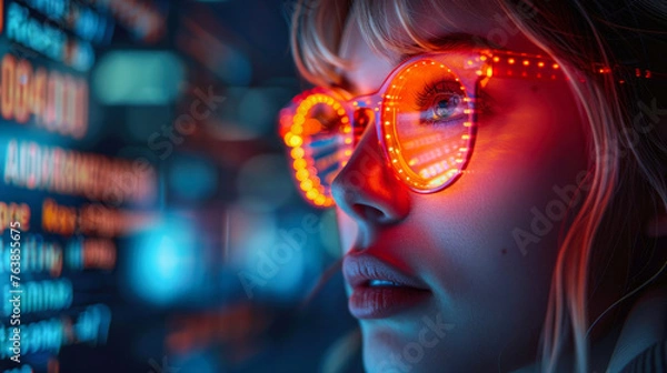 Fototapeta A side view of a digital display, artfully capturing the interplay of blue and red tones on electronic components