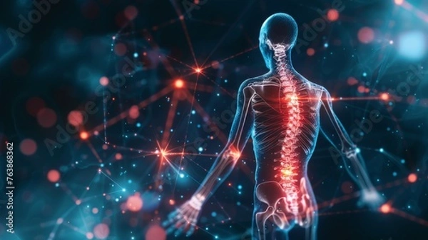 Fototapeta Human body with glowing connection lines and dots on dark background