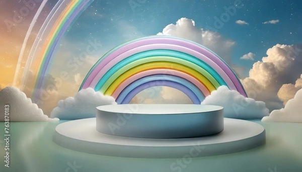 Fototapeta 3D podium background with clouds and cute rainbow product presentation