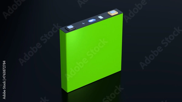 Fototapeta prismatic cell, green rectangular lithium ion phosphate LFP battery for modern electric vehicles and energy storage, 3d rendering