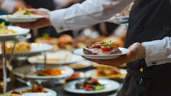 Fototapeta waiter serving meat dish at a wedding reception or party, carrying plates at a festive event in a restaurant, emphasizing the gourmet cuisine and catering service