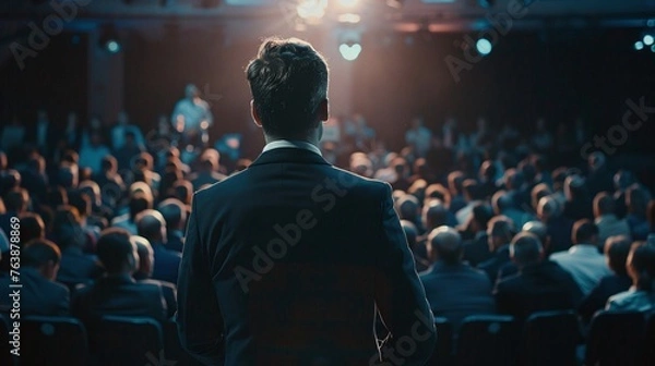 Fototapeta professional dialogue unfolds as a male questioner addresses a panelist in the midst of a crowded international tech summit session