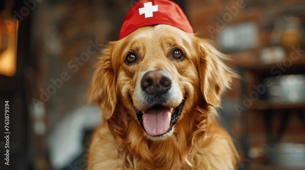 Fototapeta happy cute golden retriever in a red medical cap with a cross, Red Cross day, banner