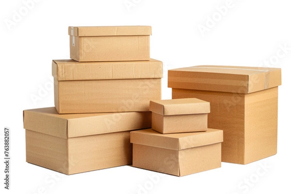 Fototapeta Stacked cardboard boxes for packaging, moving, or storage isolated on transparent background