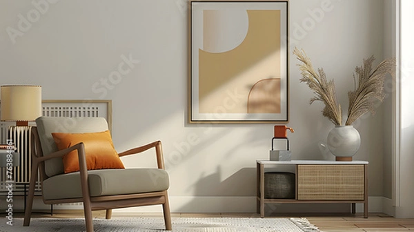 Obraz a minimalist living room scene to be used as a mockup for an A4 sized print which should be the focal point . The picture frame should be no larger than 12inches tall.
