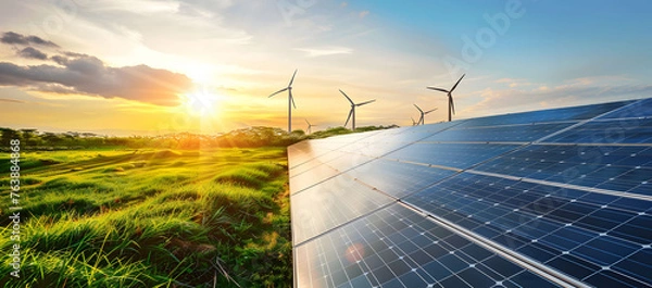Obraz A solar panel farm stands in an open field with wind turbines in the background, symbolizing the advancement of green energy and sustainable development. Beautiful green energy landscape.