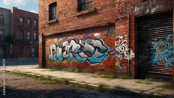 Fototapeta A photorealistic rendering of a gritty city scene, highlighting a graffiti-covered brick wall Generative AI