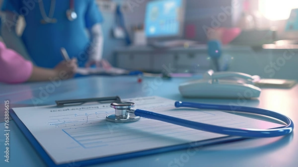 Fototapeta A stethoscope lays on a desk with a doctor consulting a patient in the background.