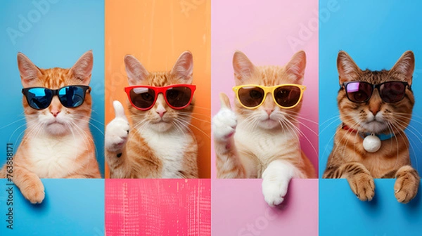 Fototapeta Panorama of funny pets - cat collection collection isolated on colorful background.