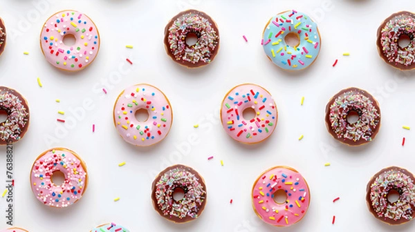 Fototapeta Various types of donuts Placed on a white table