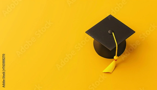 Obraz graduation cap on solid yellow background with copy space 