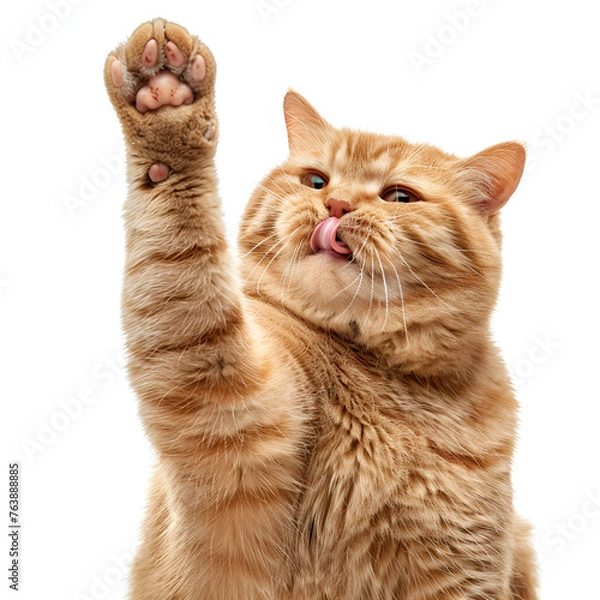Fototapeta Animals pet cat - Funny cute crazy standing golden retriever cat who holds his paw up and sticks out his tongue, isolated on white