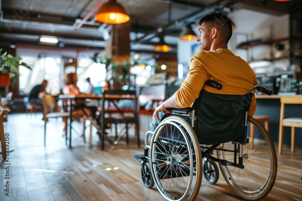 Fototapeta Man in wheelchair enjoys restaurant leisure in comfortable seating