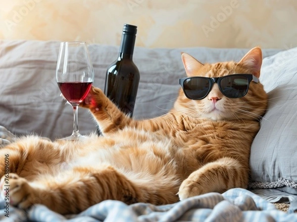 Obraz A photo of an orange cat wearing black sunglasses and lying on its back with wine bottle, holding glass of red wine, cute expression, light grey pillow background
