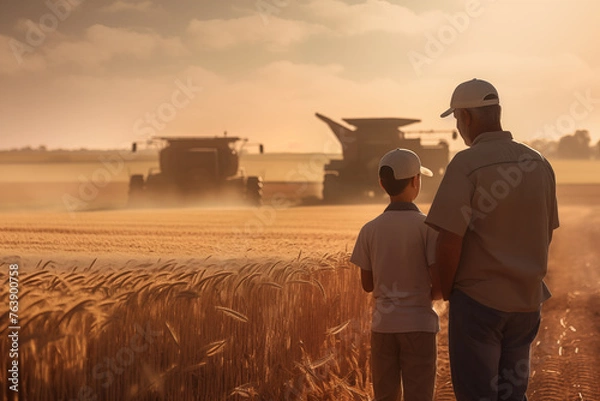 Obraz A farmer walks with his son through the wheat fields to teach him the profession