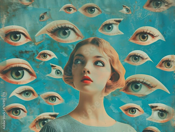 Fototapeta Portrait of a young woman with eyes flying around the head. Abstract retro styled cut out photo collage poster design