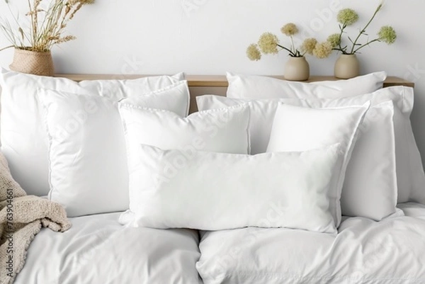 Obraz White cotton and linen pillows Mockup with Boho Floral Accents