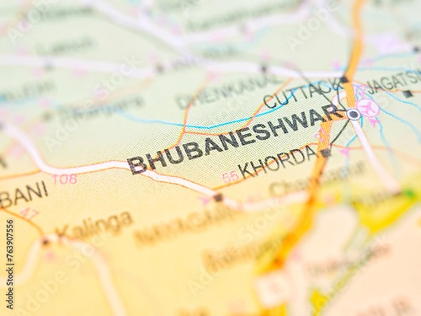 Fototapeta Bhubaneswar on a map of India with blur effect.