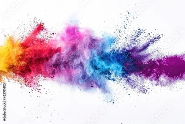 Obraz Creative energy banner white background throw colorful powder paint flying. Colors rainbow, celebration festive atmosphere marathon . Youth , sport, creativeness, positive. Layout copy space