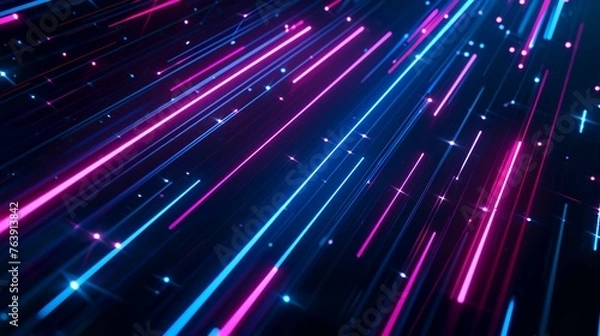 Fototapeta Blue and pink laser rays on a dark background. 3d rendering