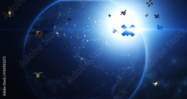 Obraz Satellite Networks Enabling Global Telecommunication and High-Speed Internet. Industry And Technology Related 3D Render.