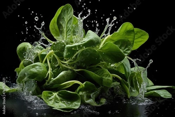 Obraz Malabar spinach , Throw it into the water and spread it out , vegetable , black background.