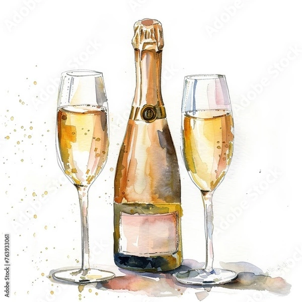 Fototapeta Festive bottle of champagne and glasses filled with sparkling wine. Illustration for holidays meetings, special occasions or invitations and greeting cards. Watercolor style Generative AI