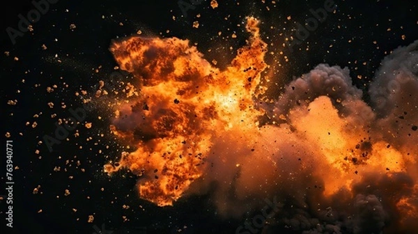 Fototapeta A spectacular explosion with intense flames and fiery debris against a dark background, depicting power and destruction
