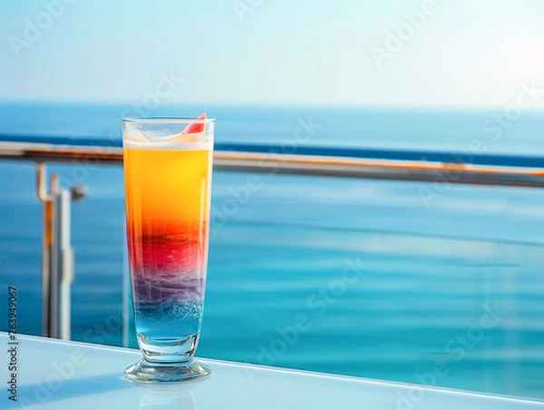 Obraz tall glass with a three-color drink on the balcony table on a blurred sea background.