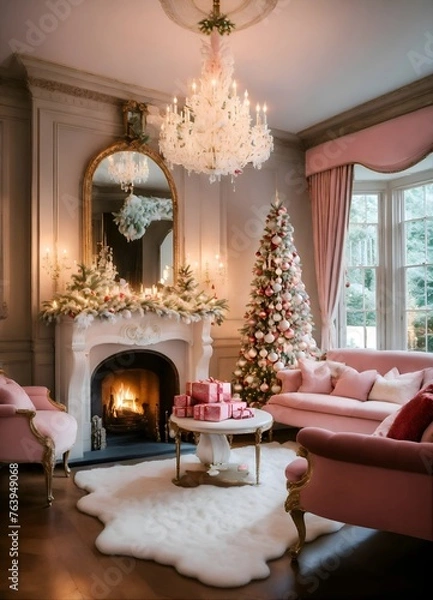 Fototapeta christmas tree with fireplace