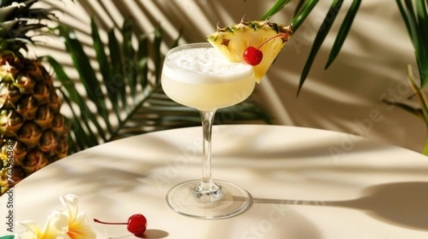 Fototapeta Pina colada cocktails garnished with pineapple slices and cherries