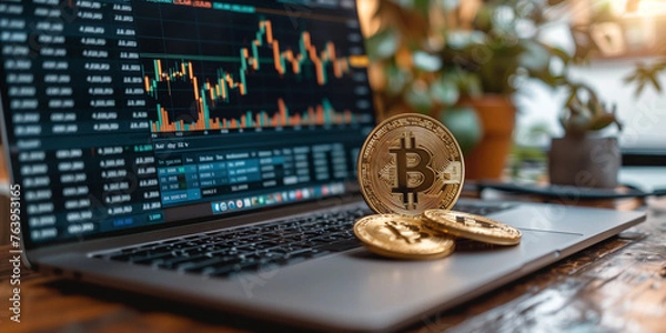 Fototapeta Golden bitcoin coin on a laptop, blockchain hard fork, cryptocurrency, finance and business concept, investment strategy, crypto currency