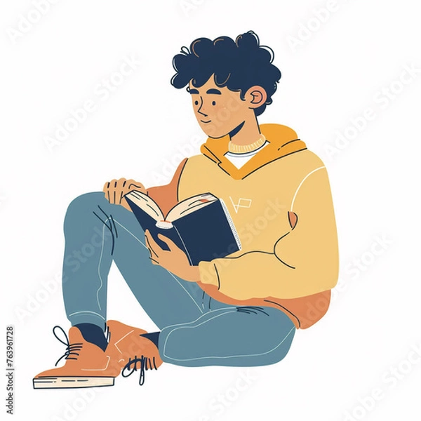 Fototapeta illustration of student reading book, scholar boy teenager studying educational materials, isolated flat vector modern illustration of child, full of curiosity and motivation