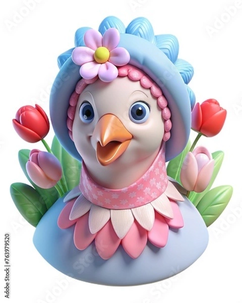 Fototapeta A three-dimensional portrait of a hen in vintage clothes and a hat framed by spring flowers.