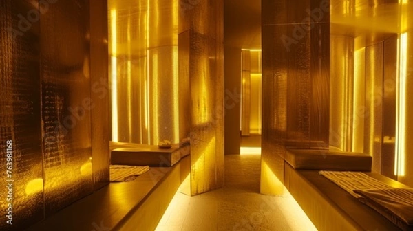 Fototapeta A tranquil spa hallway bathed in warm golden light, with smooth reflective surfaces and soft mats for a serene atmosphere