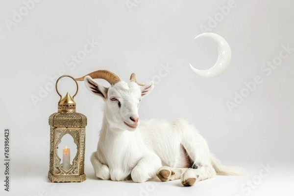 Obraz White goat next to a Moroccan lantern, feast of sacrifice concept, Eid-al-Adha.