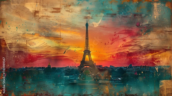 Fototapeta A dynamic and textured representation of the Paris skyline, featuring the Eiffel Tower amidst a tapestry of vintage postcards and pastel smears