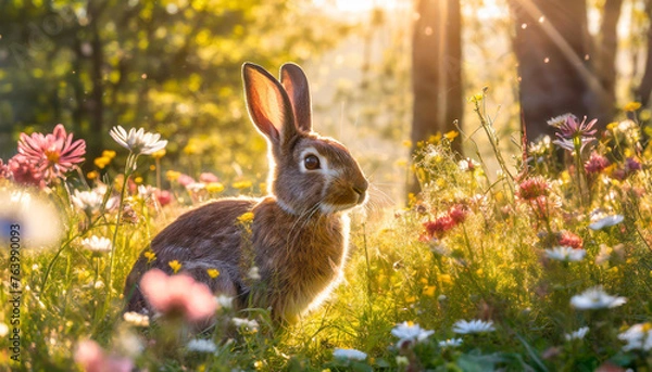 Fototapeta Rabbit in field of grass and blooming flowers. Cute animal. Sun shining. Spring season.