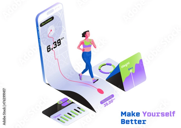 Fototapeta Fitness concept of fitness training, running shoes in outline style. Illustration with run sport icons and fitness training design elements. Vector illustration