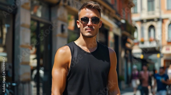 Obraz Attractive young man wearing blank empty black tank top mockup for design template in the city street