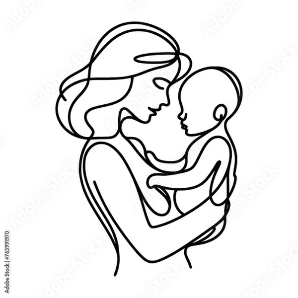 Obraz Continuous one-line drawing. A woman is holding her child, a mother is holding a small child. Vector illustration