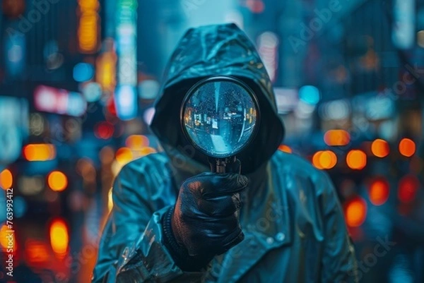 Fototapeta A mysterious figure stands in a vibrant cityscape, holding a magnifying glass that reflects the glowing lights of the night