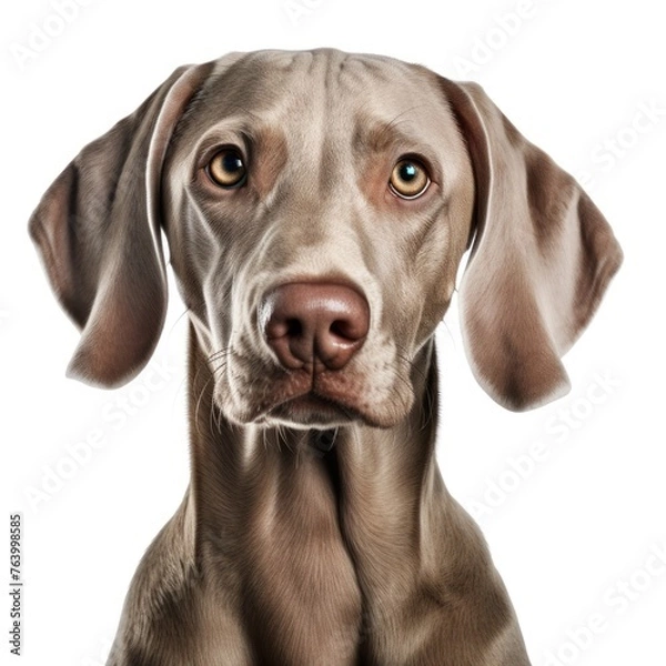 Fototapeta A detailed close-up portrait of a grey Weimaraner dog with a concentrated gaze.