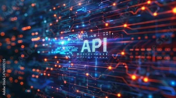Obraz API concept featuring the letters API displayed, surrounded by luminous lines and set against a futuristic, abstract technology-inspired backdrop, symbolizing connectivity and software integration.